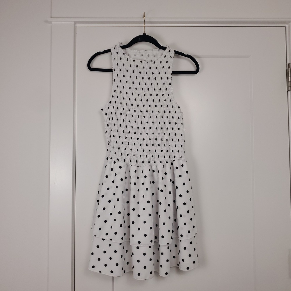 Polka Dot Dress Womens 1X White Black Smocked Tiered Mini
